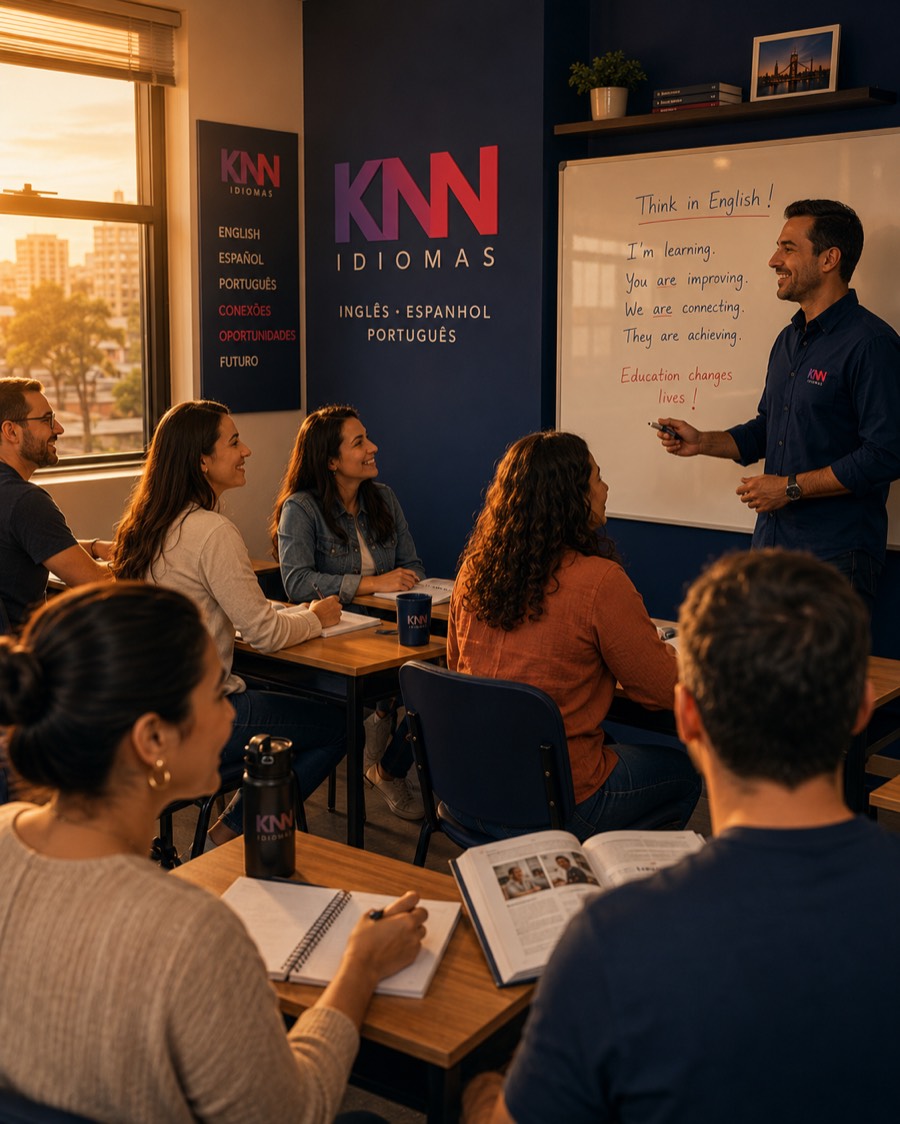 Sala de aula da KNN Idiomas ao entardecer, com professor e alunos adultos